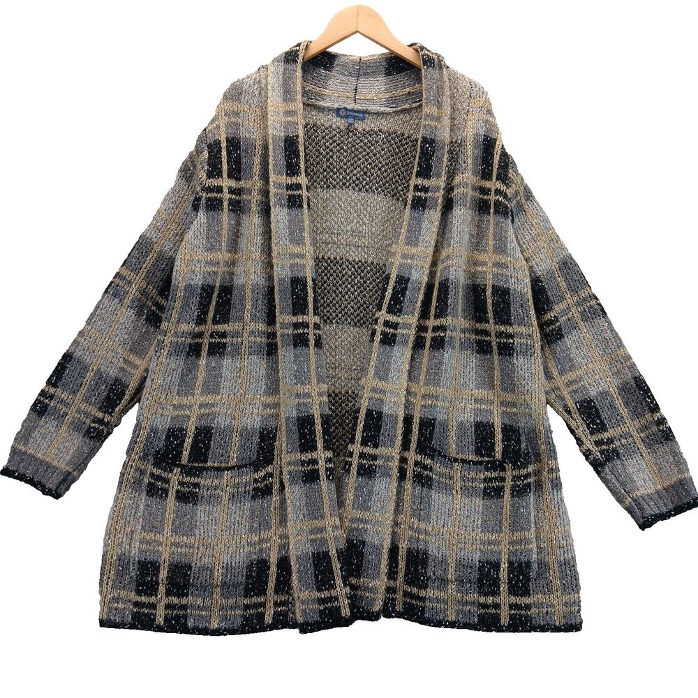 Democracy Women Sz L Black Beige Plaid Open Front Knit Sweater Cardigan Pockets